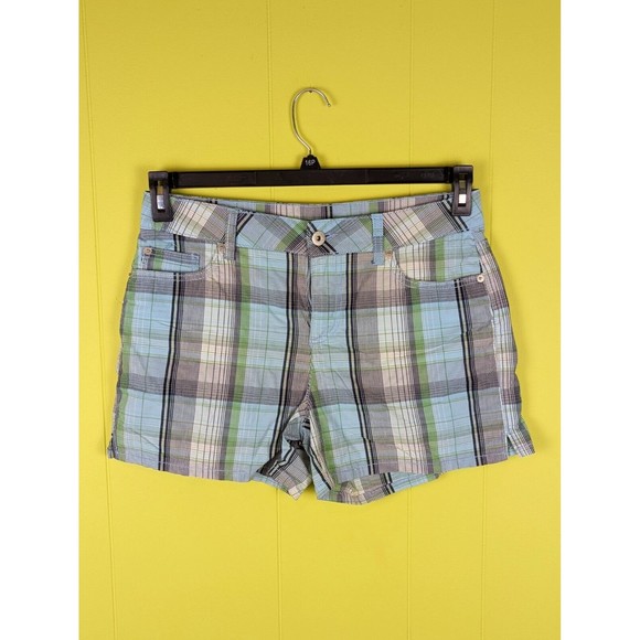 FADED GLORY Women 10 Blue Green Plaid Mid Rise Stretch Chino Shorts Flap Pockets - Picture 1 of 9